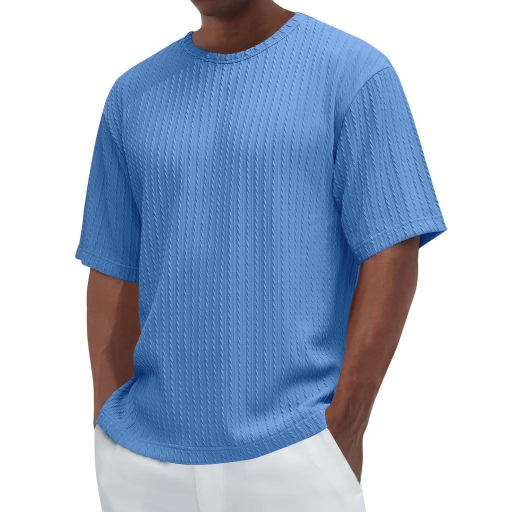 Men's Summer Solid Color Textured Round Neck Short Sleeve Top Men's Casual Fashion Shirt