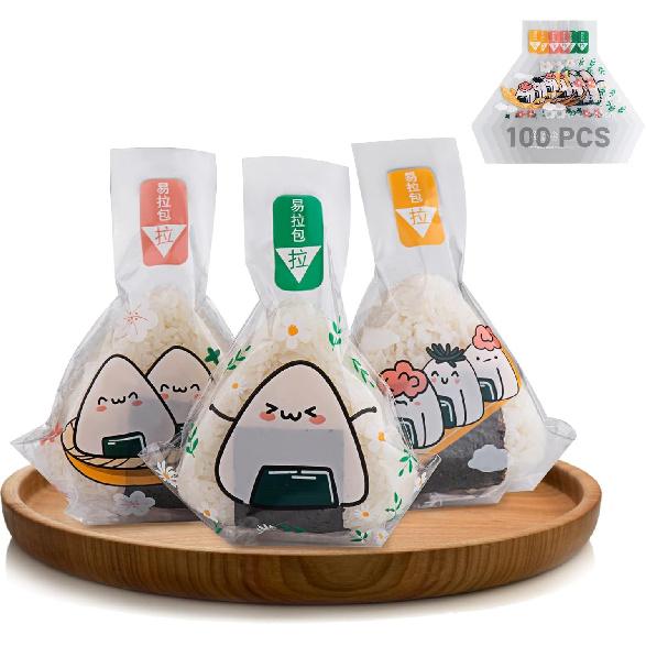 Пластиковые обертки для онигири треугольной формы, пакеты для рисовых шариков, 100 шт., японские одноразовые пакеты для онигири с легким отрывом и наклейками