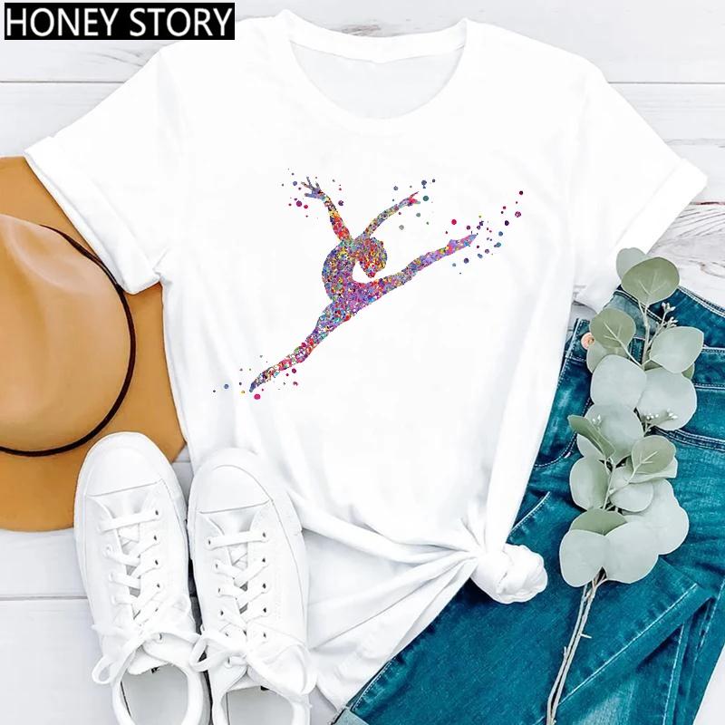 Gymnastik Ballerina Tänzerin T-Shirt Aquarell Gymnastik Ballett Tänzerin Druck T-Shirt Frauen Grafik T-Shirts Ästhetische Kleidung