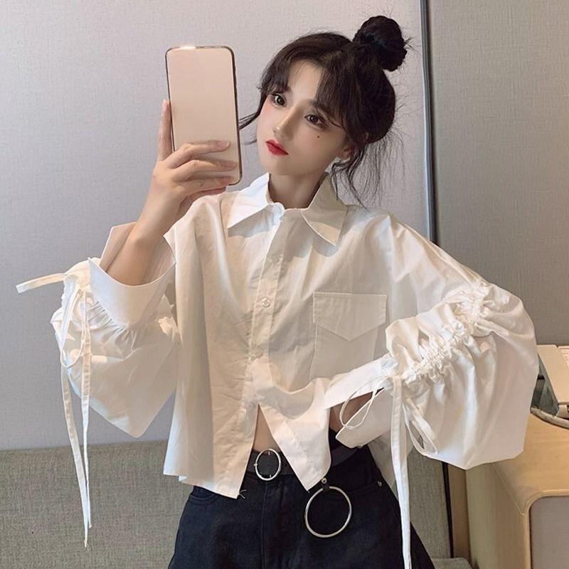 

Women s Shirt with Pleated Design Spring Loose Lapel Tie Ladies Button Up Shirts French Style Fashion Famale Long Sleeved Top XL білий
