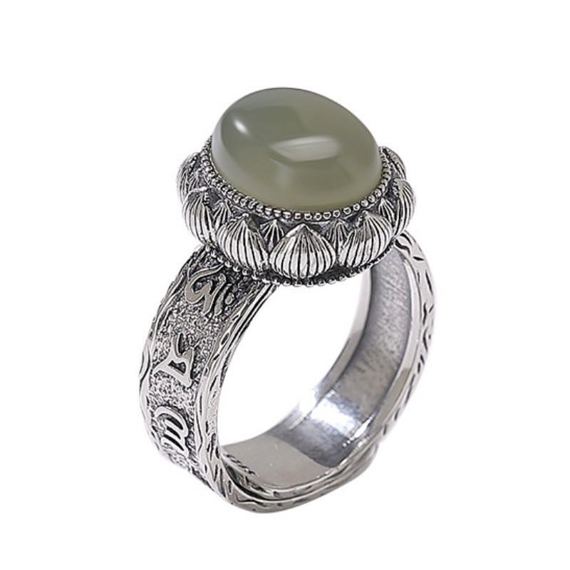 Adjustable Copper Ring With Natural Green Jade Lotus Tibetan Om Mani Padme Hum Engraving Vintage Bohemian Jewelry
