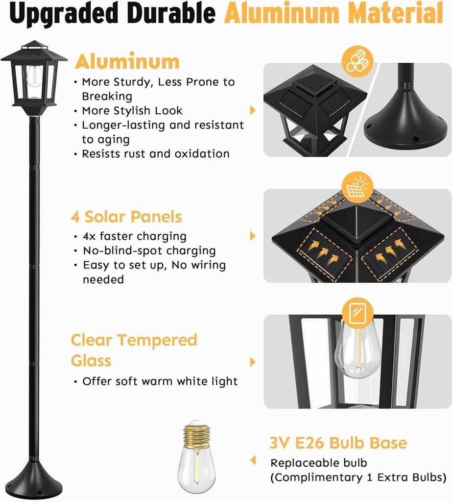 63' Aluminum Solar Light Post 2-Pack, Waterproof Outdoor Lamps for Patio, Backyard, Warm White, Replaceable Bulb