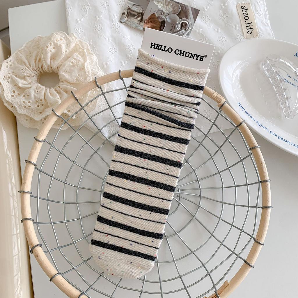 Korean Style Idea Yarn Striped Boneless Socks Mid-Leg Socks Spring And Autumn Cotton Rolled Hemmed Stacked Socks