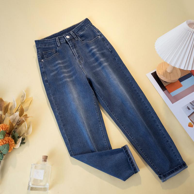 

DIMANAF 2025 Весенние джинсы больших размеров, длинные брюки, женские повседневные эластичные базовые прямые брюки с высокой талией, новые 4XL синий