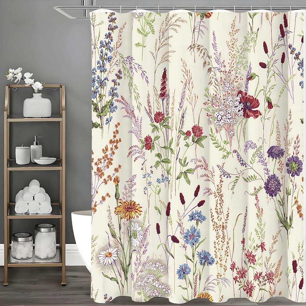 Elegant Wildflower Shower Curtain for a Nature-Inspired Bathroom, Featuring Vibrant Flowers and Herbs On a Soft Beige Background