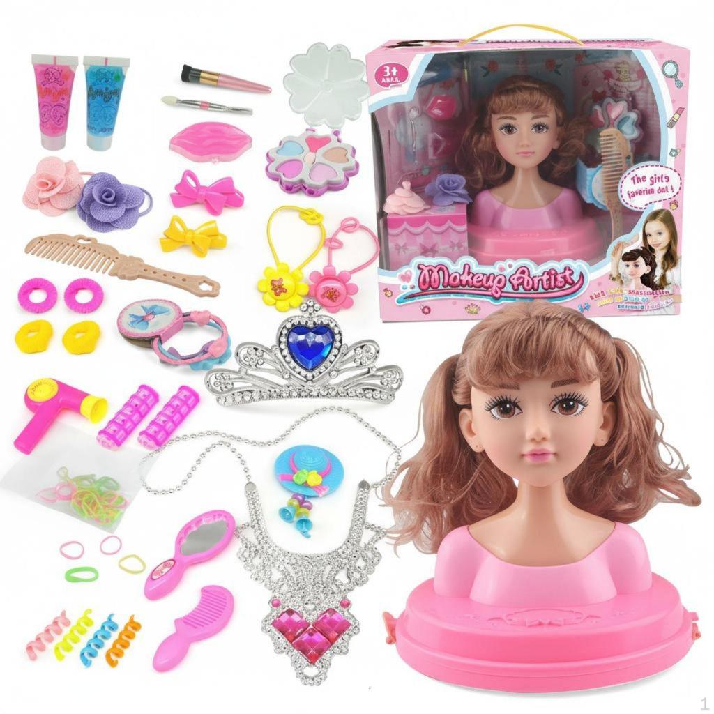 Makeup Doll Head Kit Gift Box Packaging Hairstyling Pretend Play for Children, Aspiring