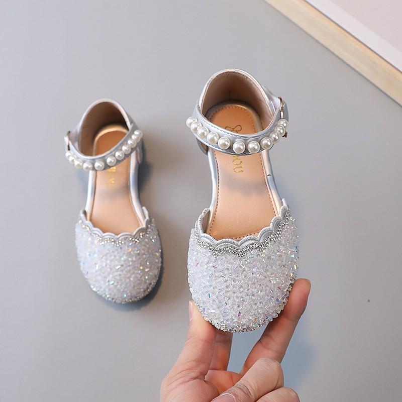 Mädchen Halbsandalen für Hochzeitsfeier Kinder Kristall Lederschuhe 2024 Frühling Sommer Kinder Sommerschuhe mit Perlen Prinzessin