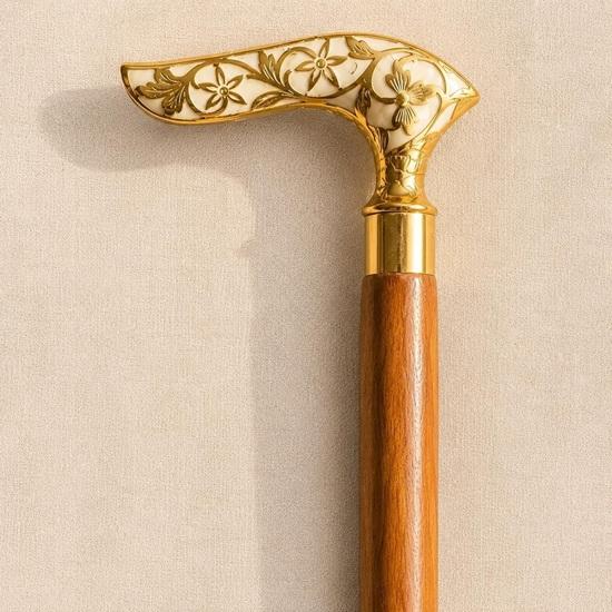 Hand Carved Wooden Walking Cane 93.98 cm Brass Floral Derby Handle, Folding Victorian Gentleman Stick Gift
