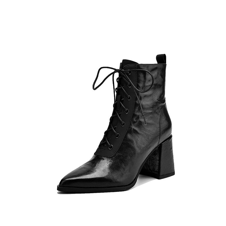 Fashion NEW Autumn Women Boots Genuine Leather Shoes for Women Pointed Toe Chunky Heel Shoes Lace-up Zipper Modern Boots High Heel Boots