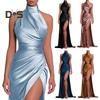 Rochie de bal pentru femei, cu guler în picioare, cu gât fără umăr, fără mâneci, din satin, rochie de seară, slim fit, plisată, de culoare uni, cu fantă înaltă, lungime până la podea, rochie
