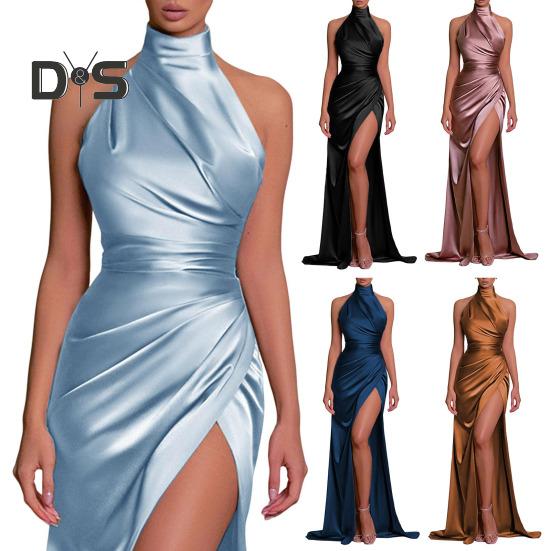 Women Ball Gown Stand Collar Halter Neck Off Shoulder Sleeveless Satin Evening Dress Slim Fit Pleated Solid Color High Slit Floor Length Maxi Dress