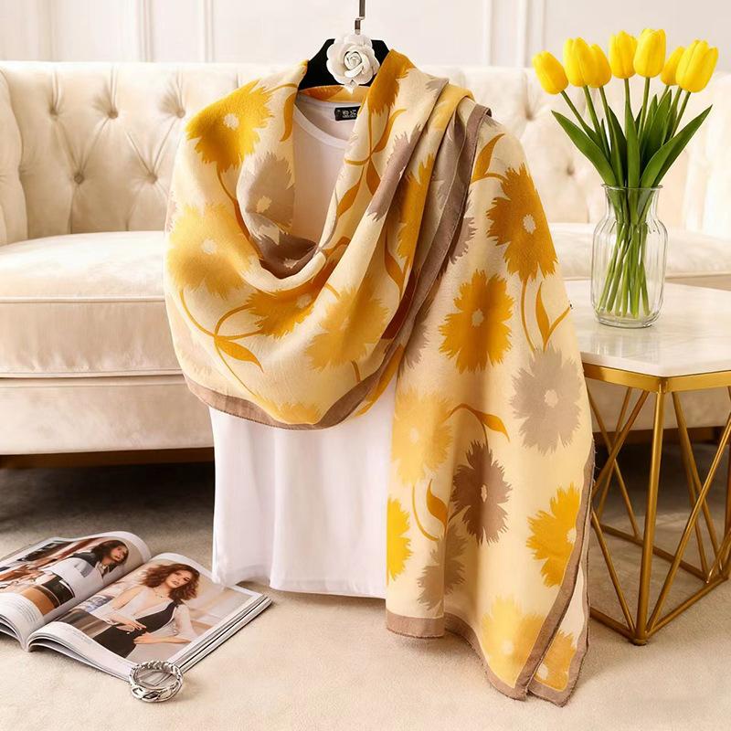 

Scarf Autumn Winter Korean Style Floral Cotton Linen Feel Women High-end New Versatile Silk Scarf Warm Fashionable Stylish Shawl 175cm above жовтий