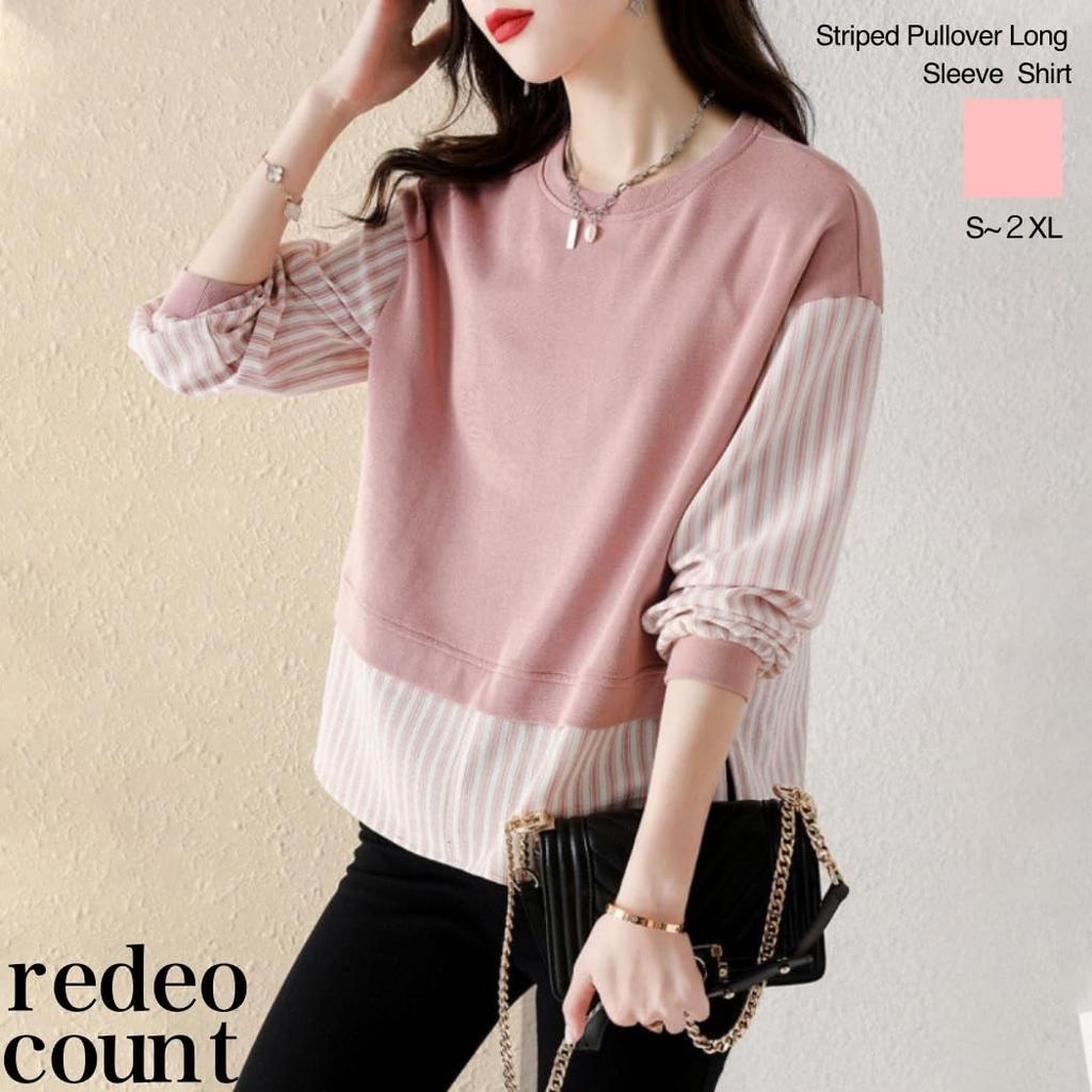 Redeo Count Long Sleeve Pullover Top with Layered Stripes and Design Women's Button-Down (JP, Alphabet, 2XL, Pink)