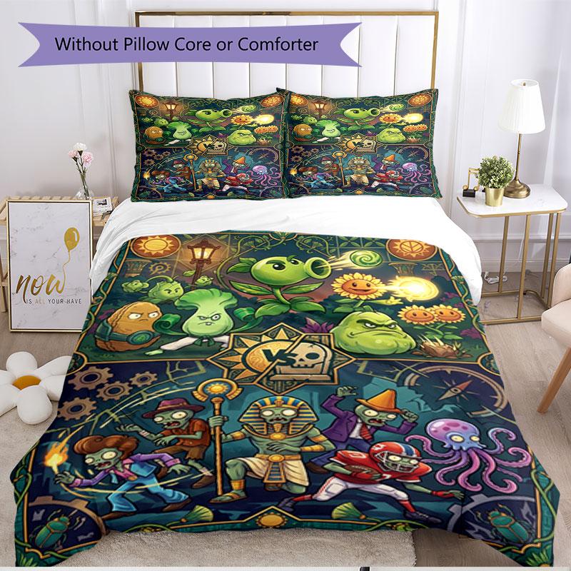 3pcs Duvet Cover Set (1*Duvet Cover + 2*Pillowcase, Without Core), Plants VS Zombies Print Soft All‑Season Bedding Set, Home Bedroom Decor Gift