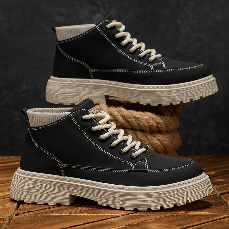 Thick Soled Ankle Boots Men's Thick Heeled Short Boots Cheap Lace Up Motorcycle Flat Shoes Midsole Waterproof Platform Boots