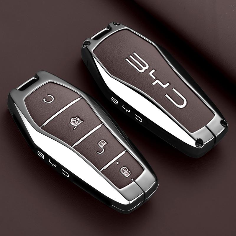Zinc Alloy New Leather Car Key Case Cover Shell Fob for BYD Song Plus Atto 3 Han EV DM Qin Seal Dolphin Protective Auto Keychain
