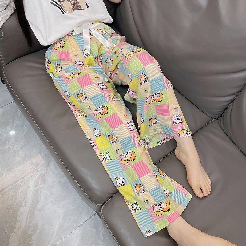Summer Women's Cotton Rayon Ankle-Length Lounge Pants Thin Loose Fit AC Homewear with Elastic Waist
