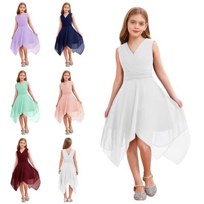 Vestido de Fiesta de Chifón Fluido para Niñas Diseño sin Mangas de Cuello en V Dobladillo Asimétrico Cintura Fruncida Vestido de Actuación