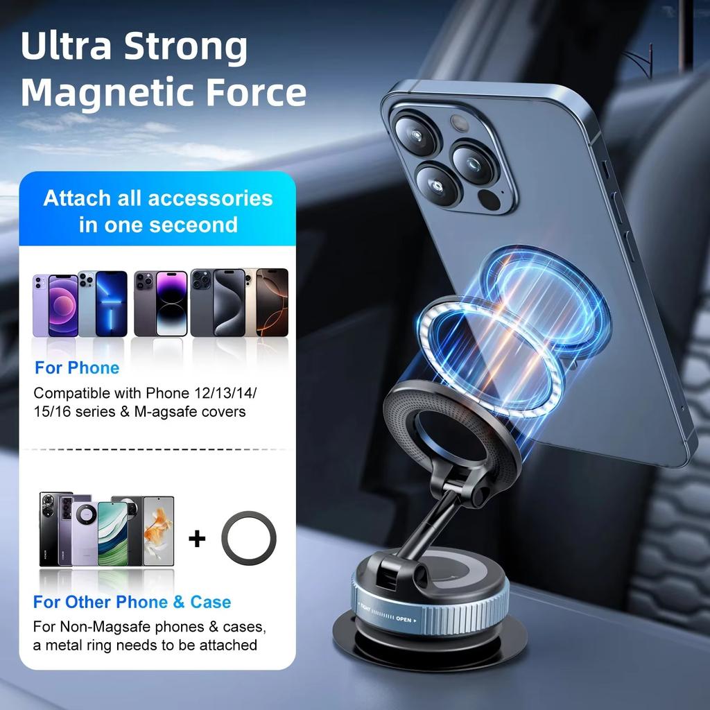 15W MagSafe Magnetic Phone Holder Stand with Vacuum Suction Adjustable Foldable Mount For iPhone 12-15 Car Desk Kitchen