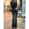 Women's Low Rise Flare Jeans Slim Fit Vintage Washed Light Blue Denim Pants Stretch Figure Shaping Bootcut Trousers