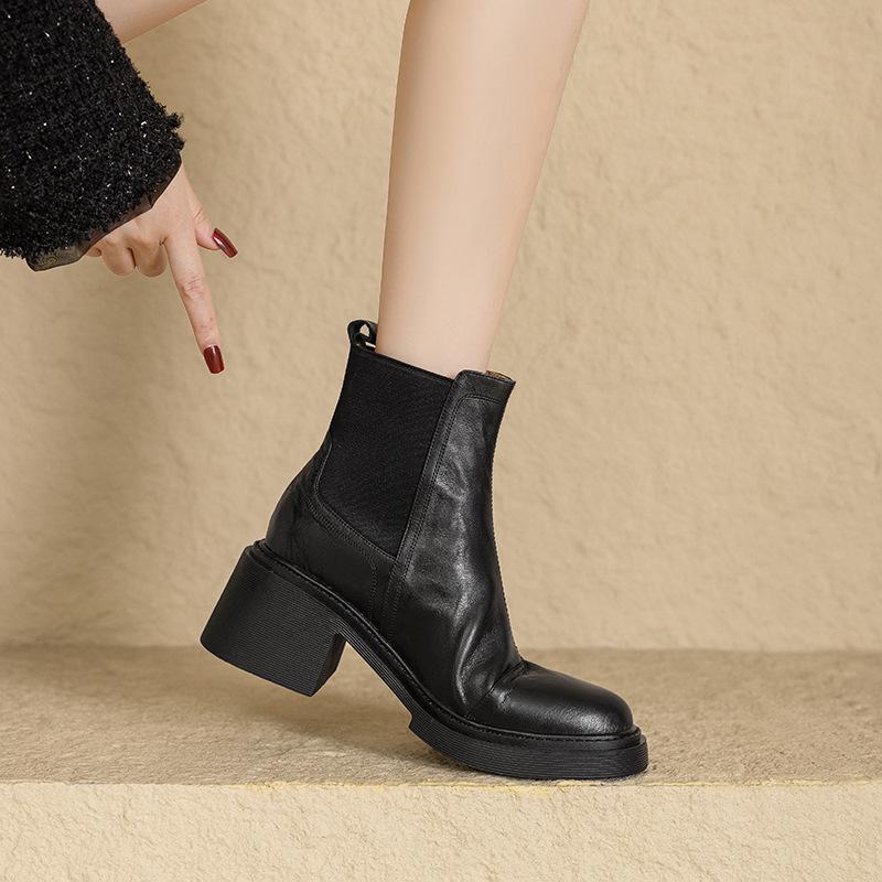 Chic Is Very Good-Looking~ Small Thick-Soled Thick-Heeled Round-Headed Martin Boots Women'S High-Heeled Thin Versatile Chelsea Short Boots