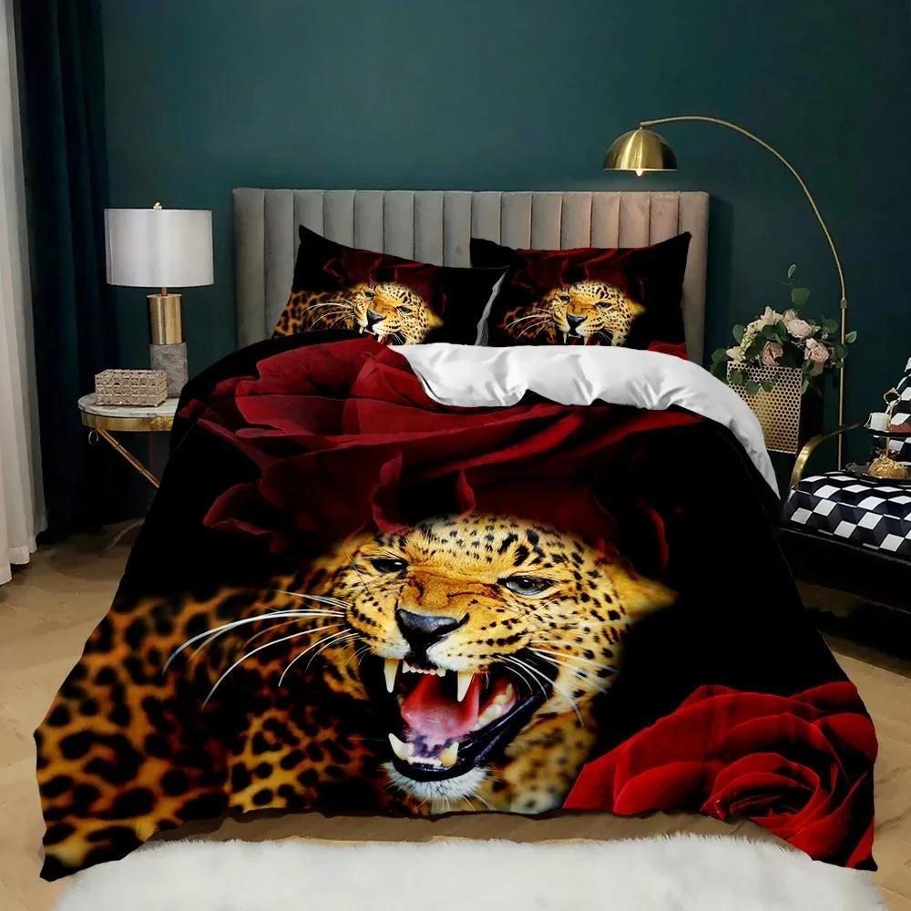 Sada povlečení Tiger Red Rose Flower Přikrývka pro chlapce Africké safari Divoká zvířata Velká kočka Queen King Polyesterový povlak na přikrývku