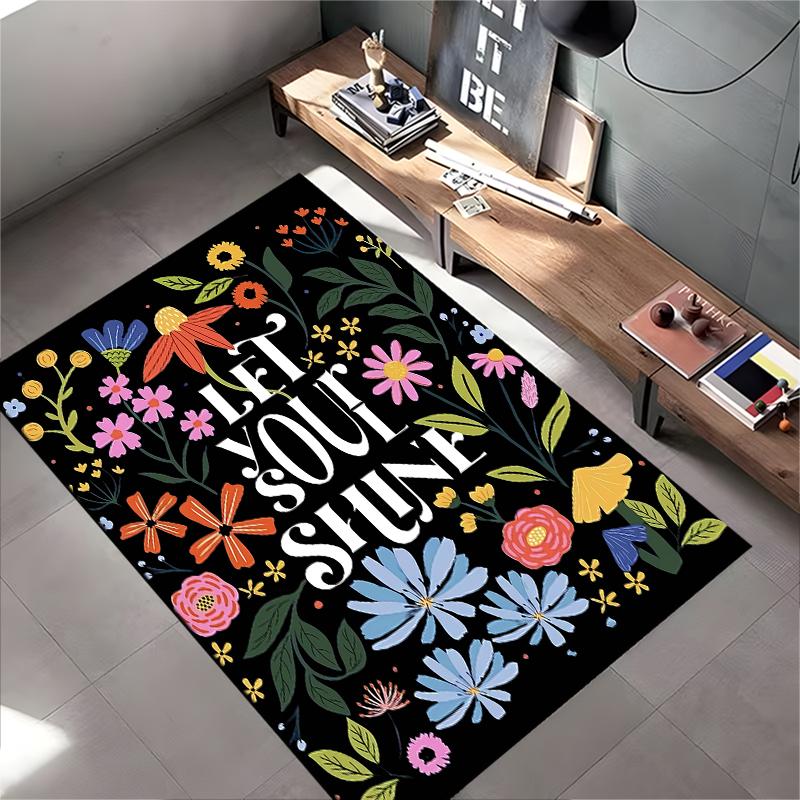 Floral Black Carpet with "Let Your Soul Shine" Text Design Suitable for Use As an Anti-slip for Living Room Bedroom Sofas