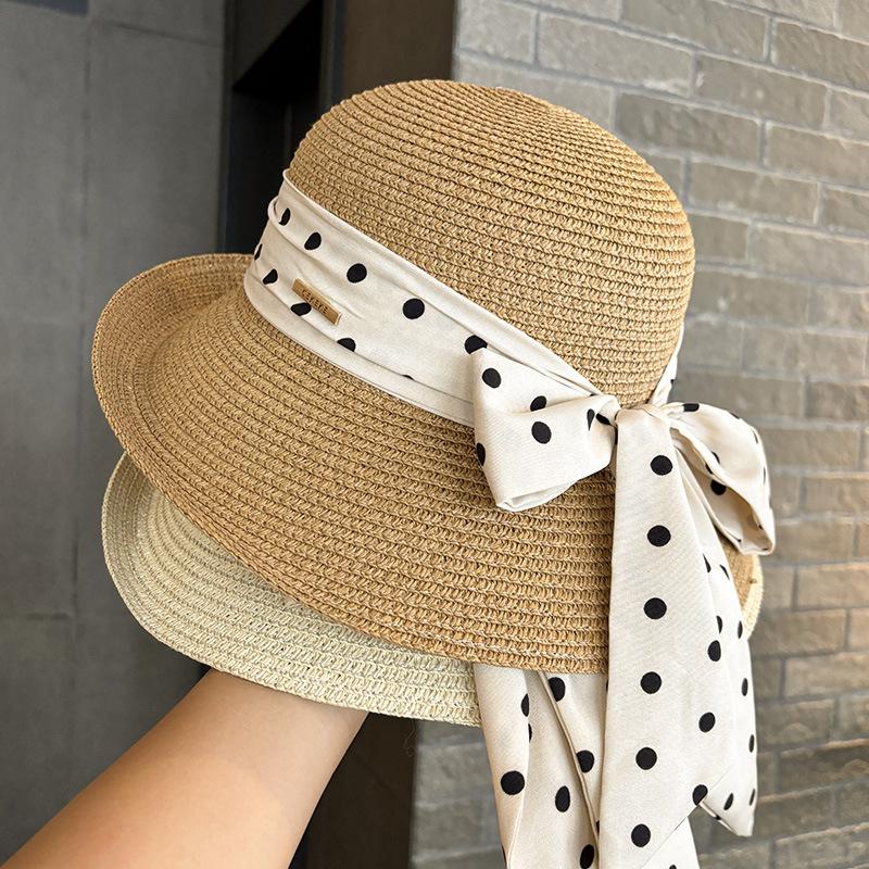 Polka Dot Ribbon Straw Hat Female Travel Beach Hat Summer Large Edge Sunscreen Sun Hat French Edge Sun Hat