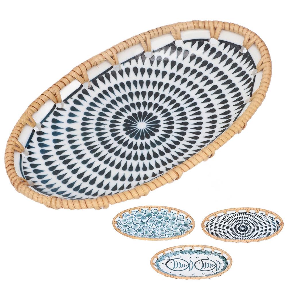 Woven Rattan Ceramic Plate Oval Woven Rattan Porcelain Fruit Plate for Wedding Party Banquet Birthday Woven Rattan Ceramic Plate