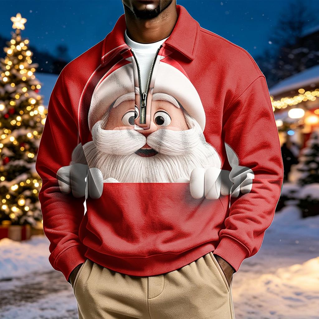Men's Casual Christmas Print Quarter-Zip Sweatshirt with Collar