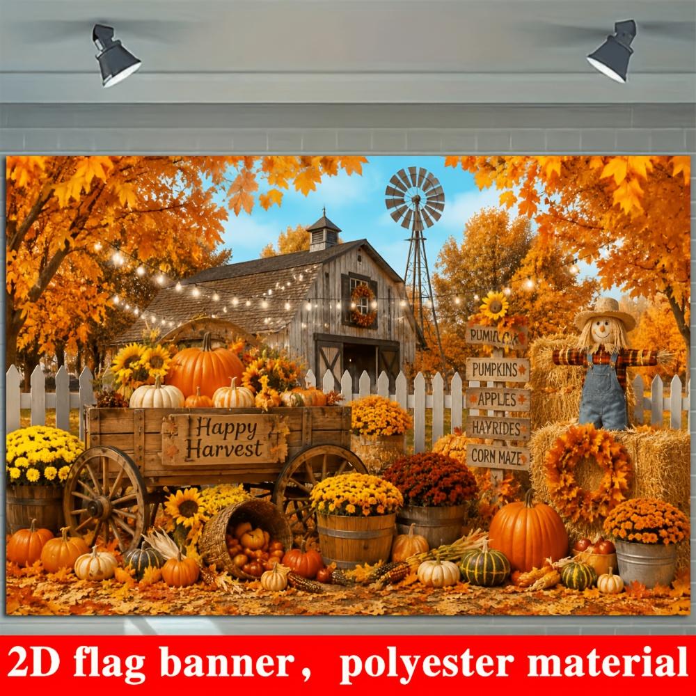 2D planar flag with a autumn harvest theme background featuring pumpkins sunflowers and scarecrowszyc
