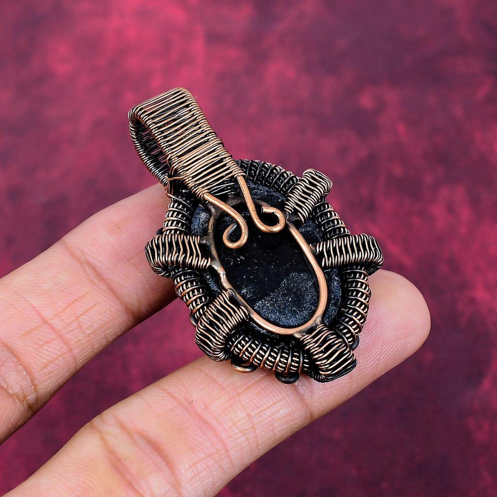 Black Tourmaline Rough Gemstone Pendant Copper Wire Wrapped Handmade Jewelry