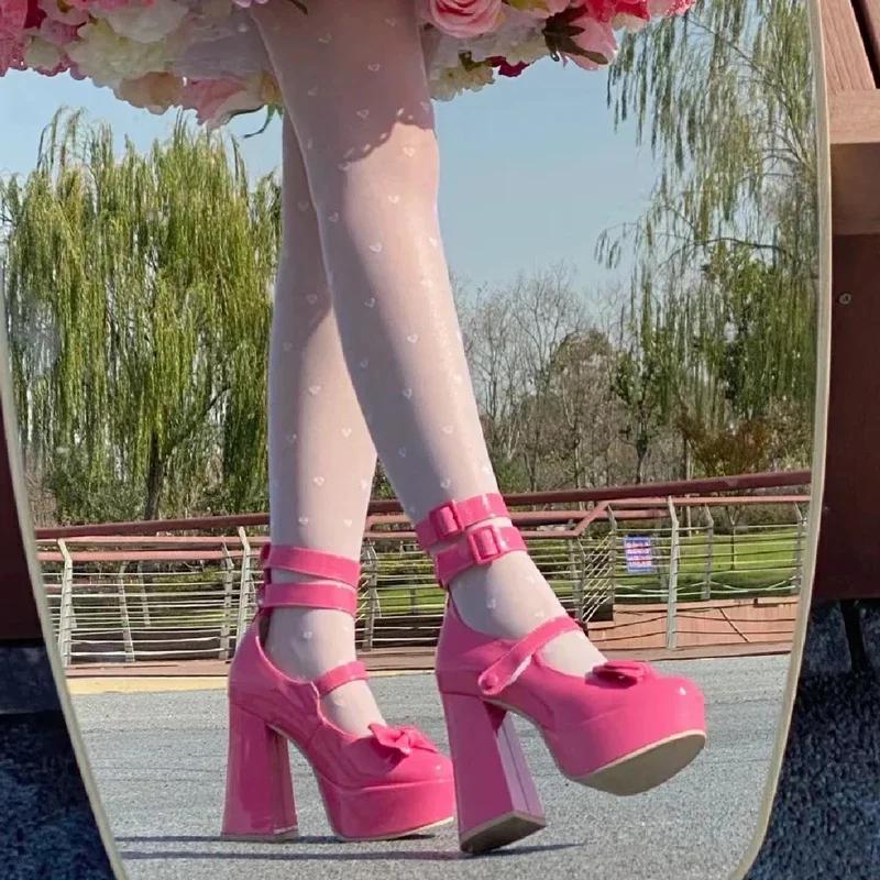 

Women s Mary Janes Platform High Heel Fashion Japanese Lolita Platform Shoes for Woman Bow Belt Buckle Chunky Heel Leather Shoes 35 красный