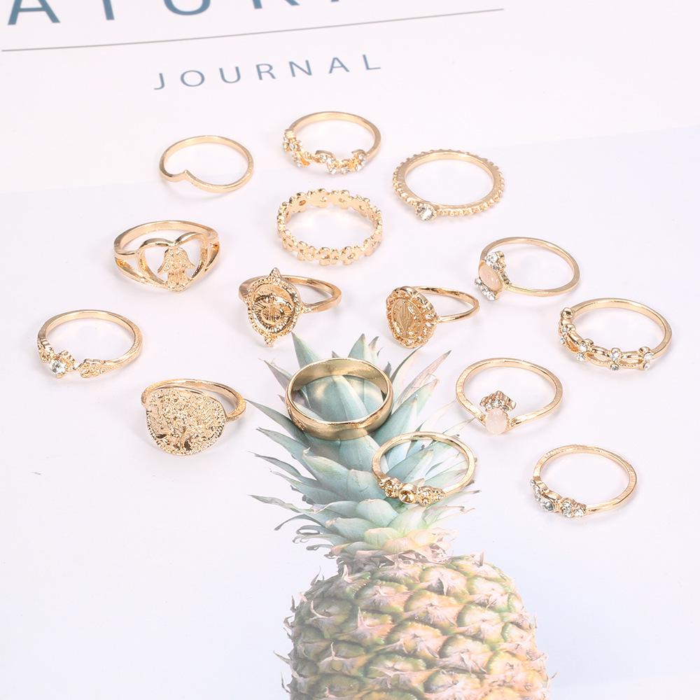 15-Piece Retro Gold Coin & Cross Pattern Ring Set with Love and Fatima Palm Designs