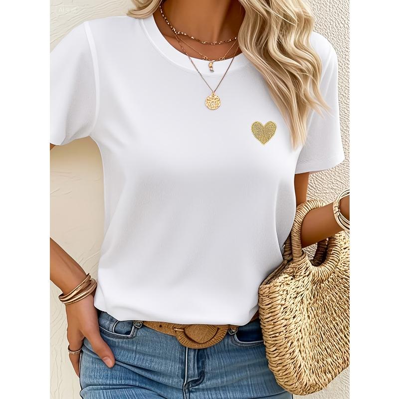 Europeiska storlekar 2025 Ny Sommar/Vår Dam Lös Sexig Söt Söt Semester Topp - Gul Hjärtprint Mode Casual Rund Hals Kortärmad T-shirt