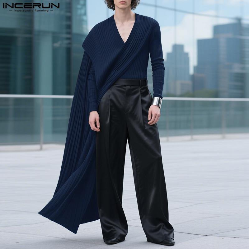 INCERUN Autumn Men Long Sleeve Fake Two-piece Layers Rib Long Casual Tops Pullovers