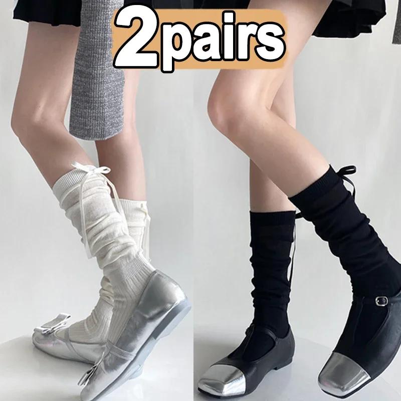 Lolita Long Socks Women Bandage Ribbon Bow Sweet Girls Kawaii Cute Middle Tube Socks Ballet Style Solid Color Black White Socks