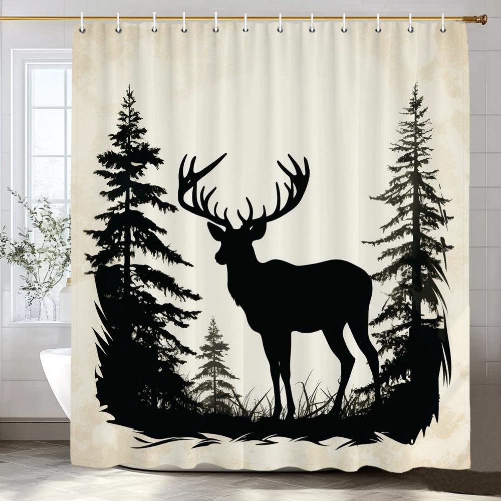 1 Piece Black Line Forest and Deer Shower Curtain, Bathroom Decorative Shower Curtain, Waterproof Shower Curtain with Hooks