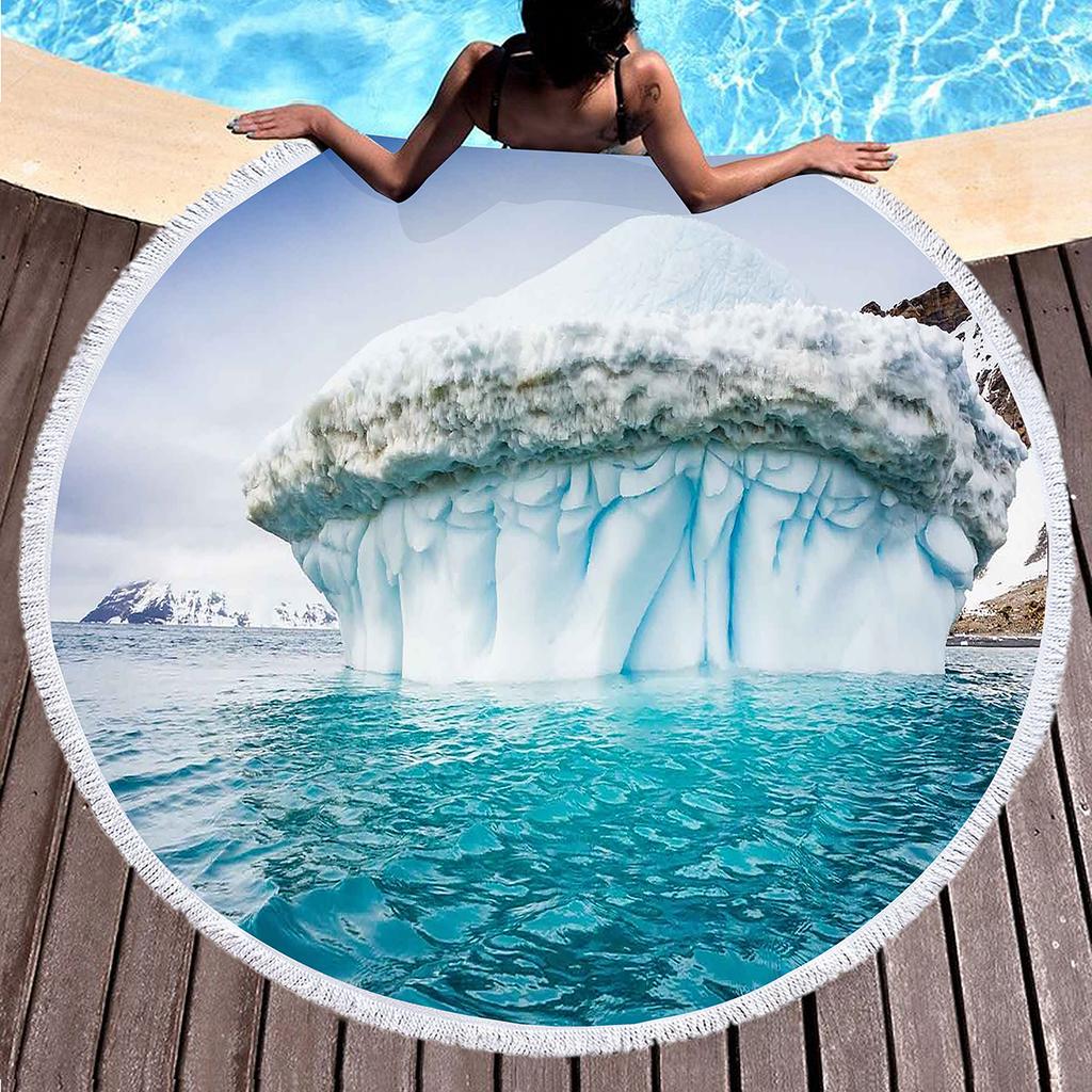 Antarctic Iceberg Round Beach Towel with Tassels, Absorbent Quick Dry Circle Pool Towel Roundie Yoga Meditation Mat Picnic Rug