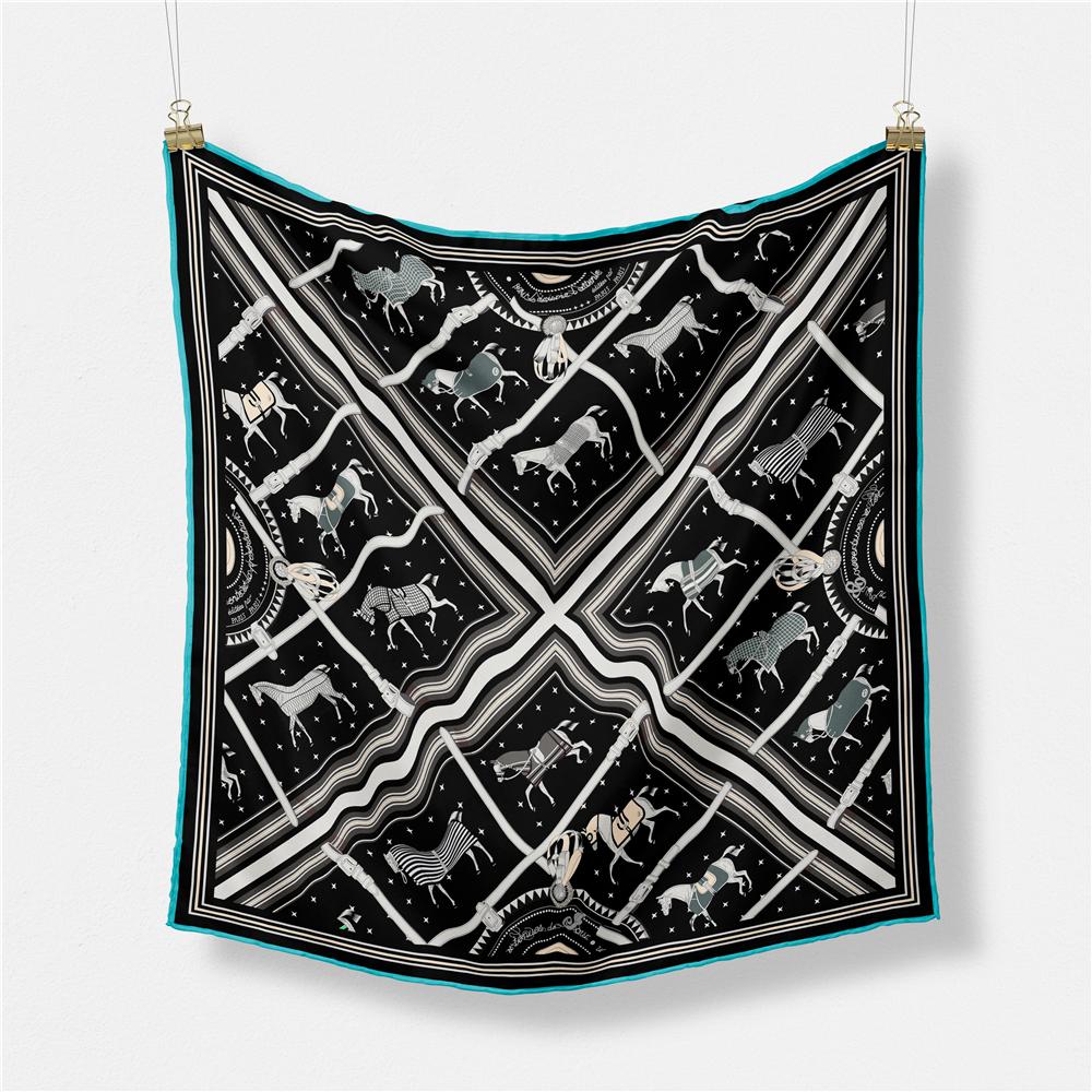 Foulard Quadrato Stampa Cavallo a Quadretti Piccoli 53cm Donna 100% Seta Twill Bandana Donna Fascia Lussuosa Hijab Foulard da Collo
