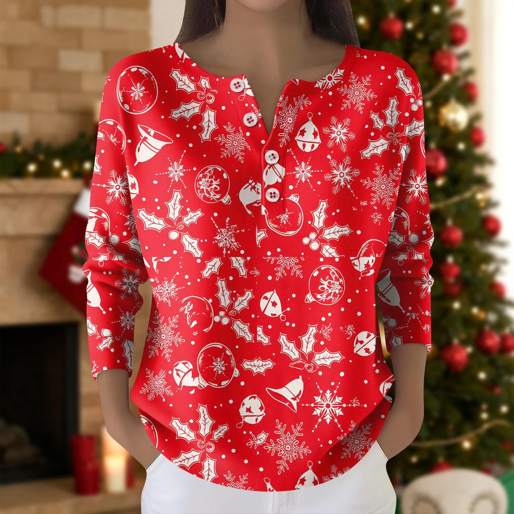Dámský módní top s dlouhým rukávem a vánočním potiskem sněhových vloček, elegantní ležérní top