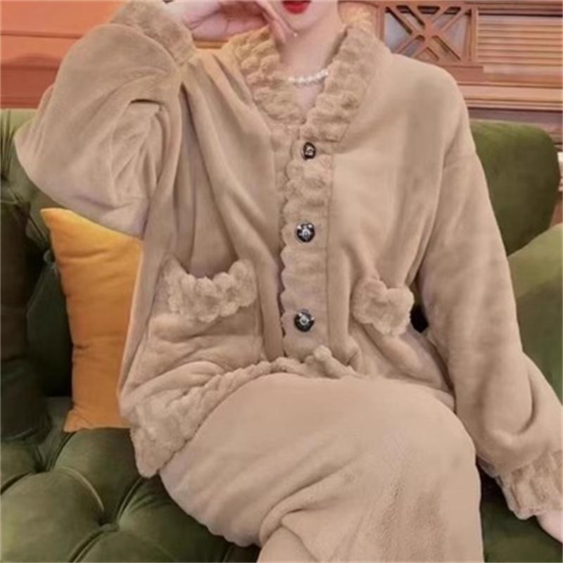 

Женский фланелевый кардиган с мехом для дома, однотонный, свободный, коралловый флисовый пижамный комплект, осенне-зимние брюки, комплект из двух предметов, полосатый красный 5XL