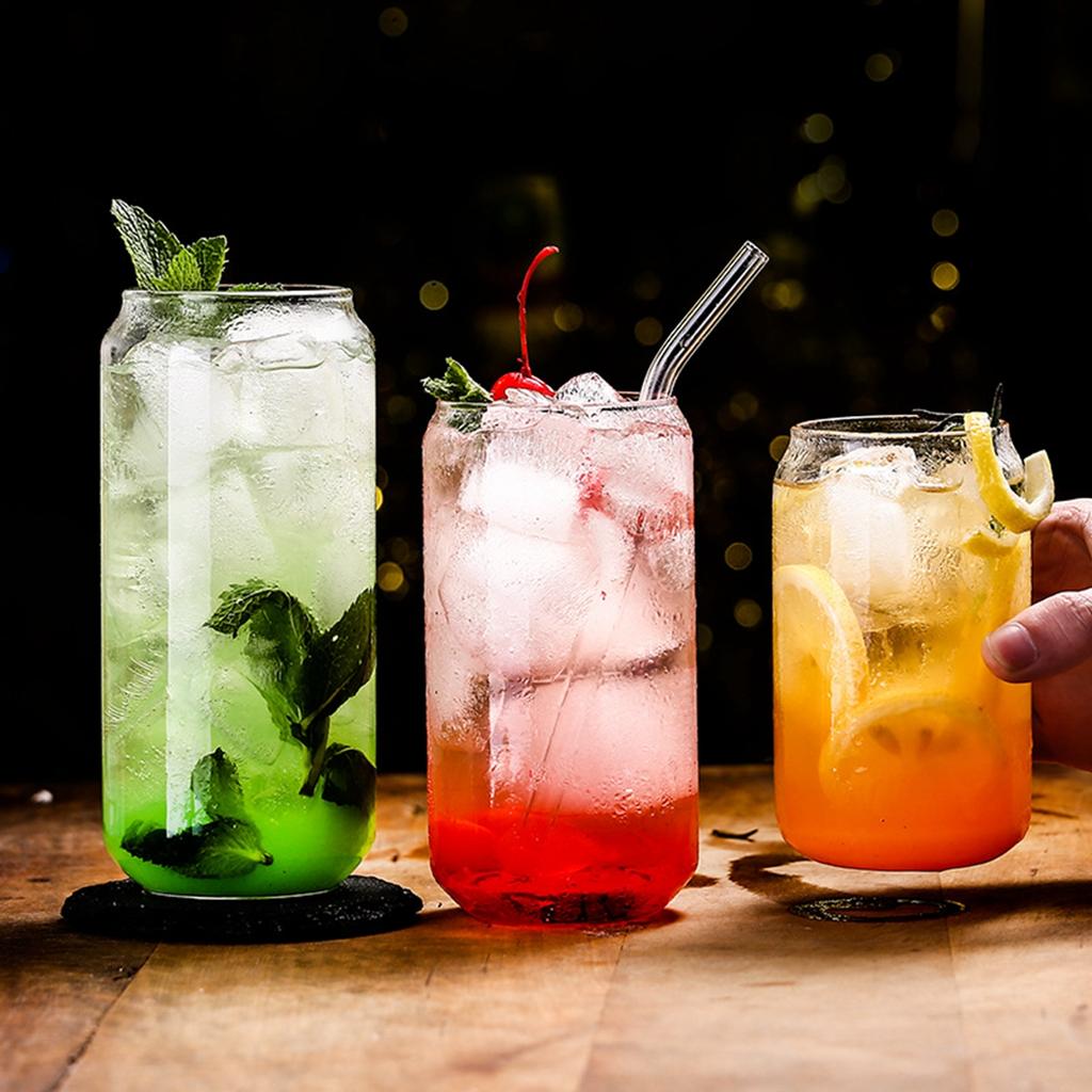 Straw Cup Glasses with Bamboo Lids and Glass Straw Reusable Drinking Glasses Can Shaped Glass Cups for Beer Iced Coffee Cocktail