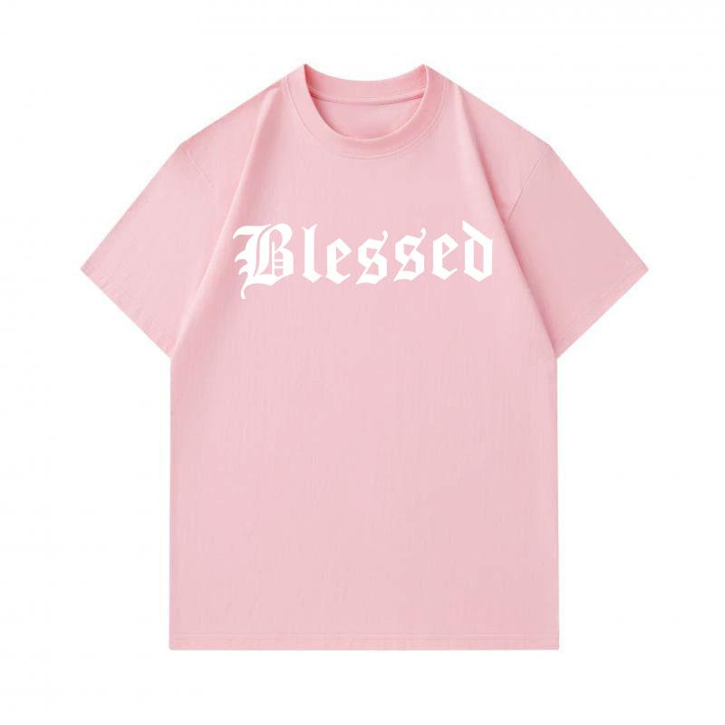 Men's 100% Cotton Crew Neck Short Sleeve T-Shirt, Casual Blessed Gothic Letter Print Breathable Soft Daily Wear Tees for Men Streetwear Fashion Comfy
