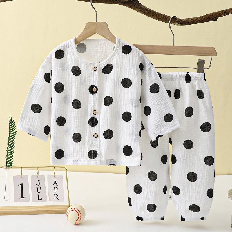 Lightweight Double Layer Cotton Muslin Sleepwear Long Sleeve Clothes Sets For Girls and Boys Summer Home Clothes 80