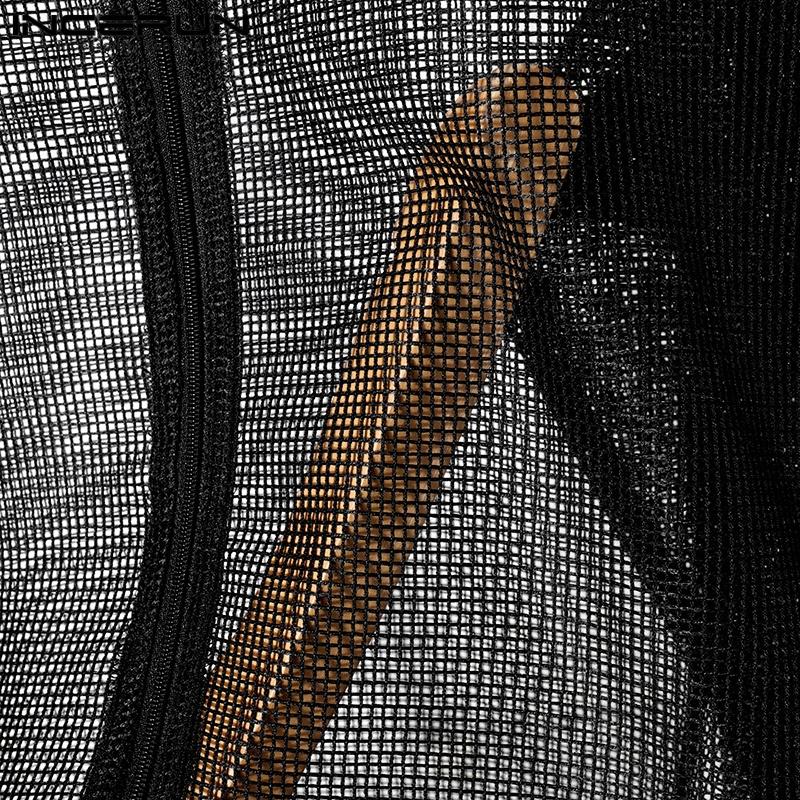 INCERUN Men Long Sleeve Mesh See Through Hollow Out Zipper Beach Shirts Tops