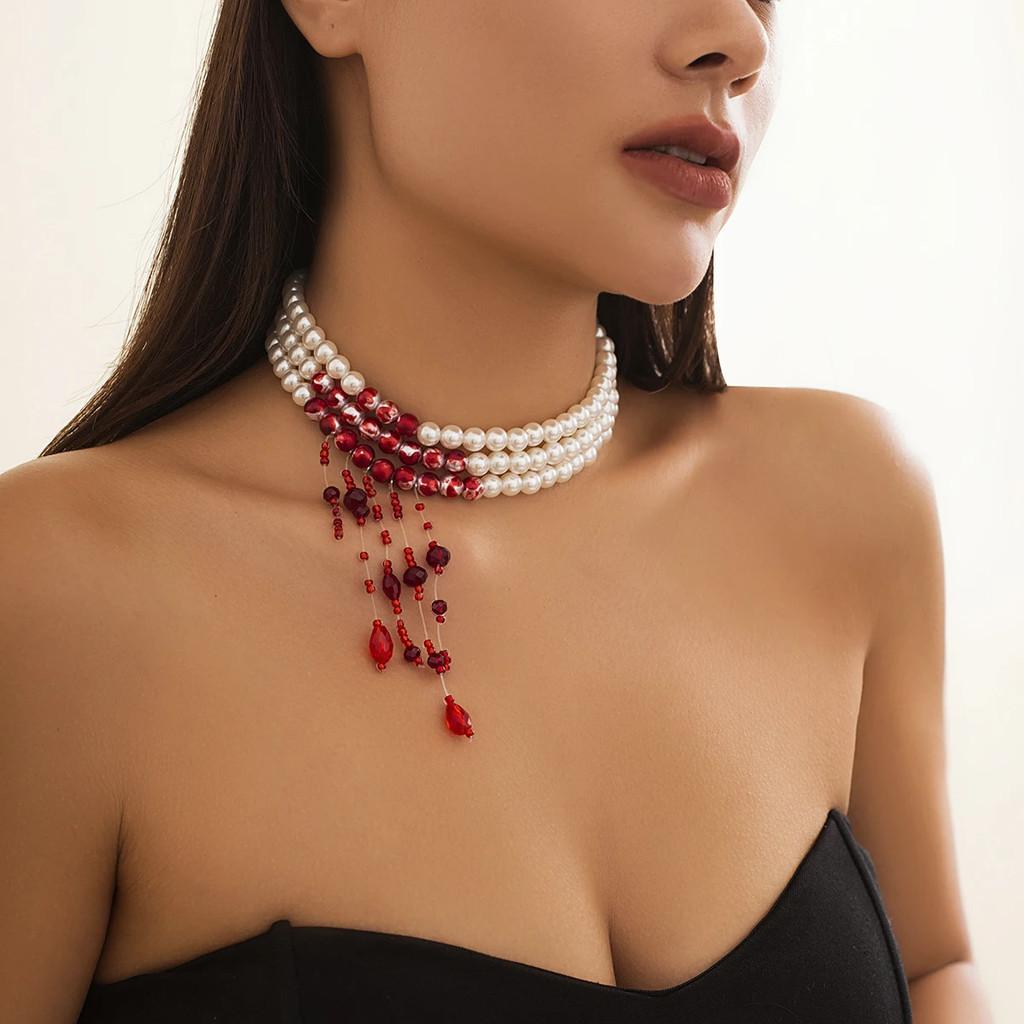 Vintage Red Blood Pattern Necklace for Women Multilayer Pearl Crystal Bead Pendant Necklaces Gothic Halloween Accessories