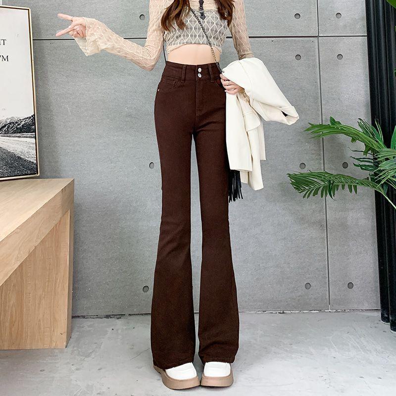 Women's High Waist American Style Brown Flare Jeans, Plus Size, Slimming Bell Bottom - Perfect for 2025 Spring/Autumn Trends.
