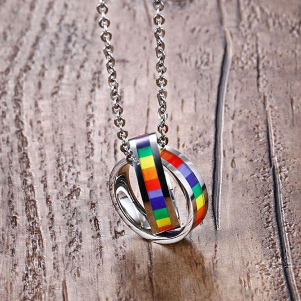 Colorful Rainbow Necklace Pride Day Titanium Steel Necklace Ring Pendant Necklace  Party