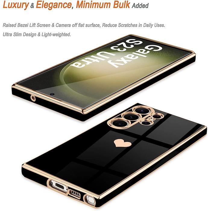 Coque - BOOLING - pour Samsung Galaxy S23 Ultra - Protection Silicone - Motif Coeur - Noir Doré - 2 Vitres